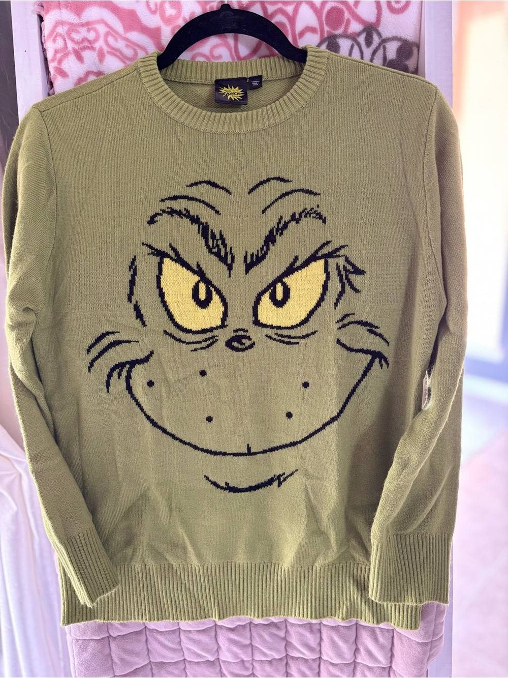 Youth Olive Green Grinch Face Crewneck Sweater Large